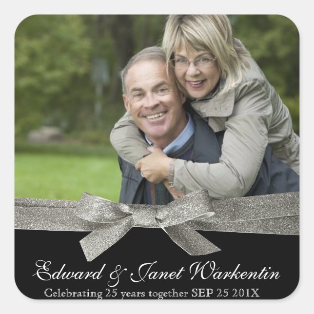 Happy Couple Photo with Silver Glitter Ribbon Square Sticker (Front)