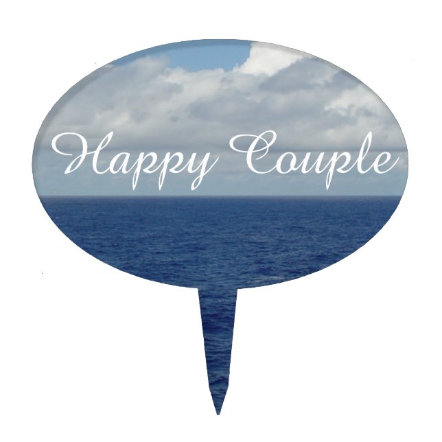 Happy Couple Pretty Blue Sea Fluffy White Clouds Cake Topper (Front)