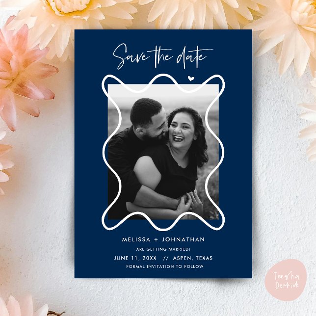 Happy Couple Save the date wedding announcement (Happy Couple Save the date wedding announcement whimsical in navy blue)