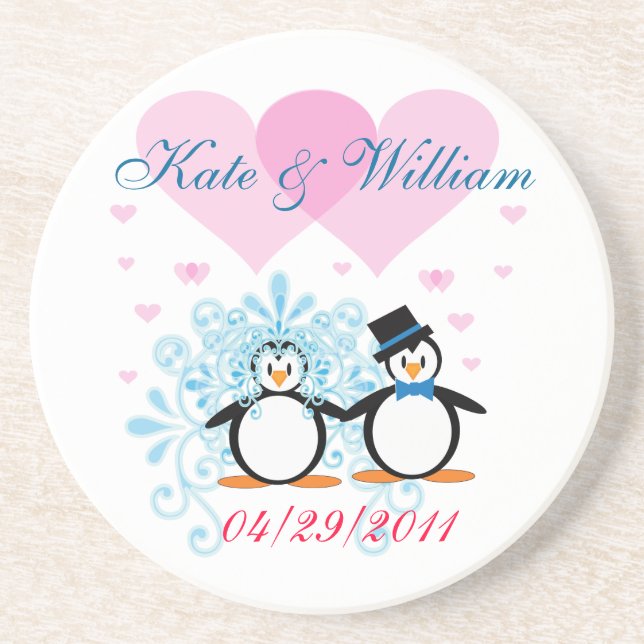 Happy Couple Wedding Penguin Coaster - Customizabl (Front)