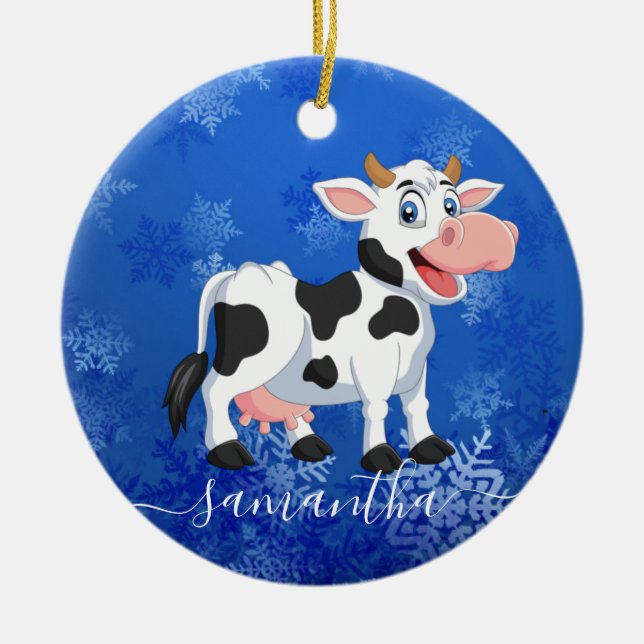 Happy Cow Blue  Ceramic Ornament (Front)