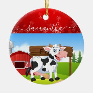 Happy Cow Christmas Ceramic Ornament