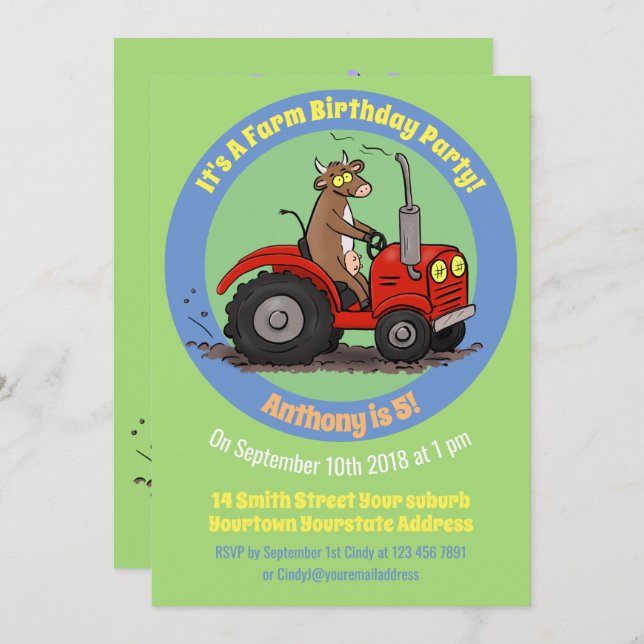 Happy cow driving red tractor cartoon invitation (Front/Back)