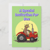 Happy cow driving red tractor cartoon invitation (Back)
