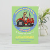 Happy cow driving red tractor cartoon invitation (Standing Front)