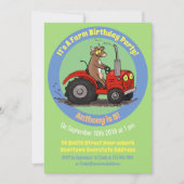 Happy cow driving red tractor cartoon invitation (Front)