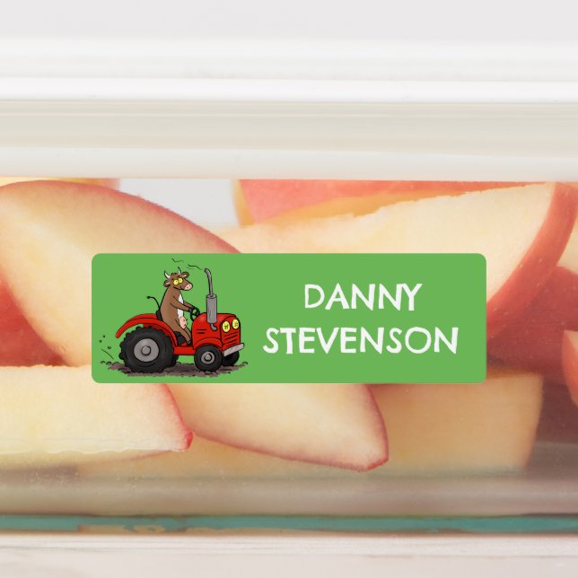 Happy cow driving red tractor cartoon personalized labels (Affixed)