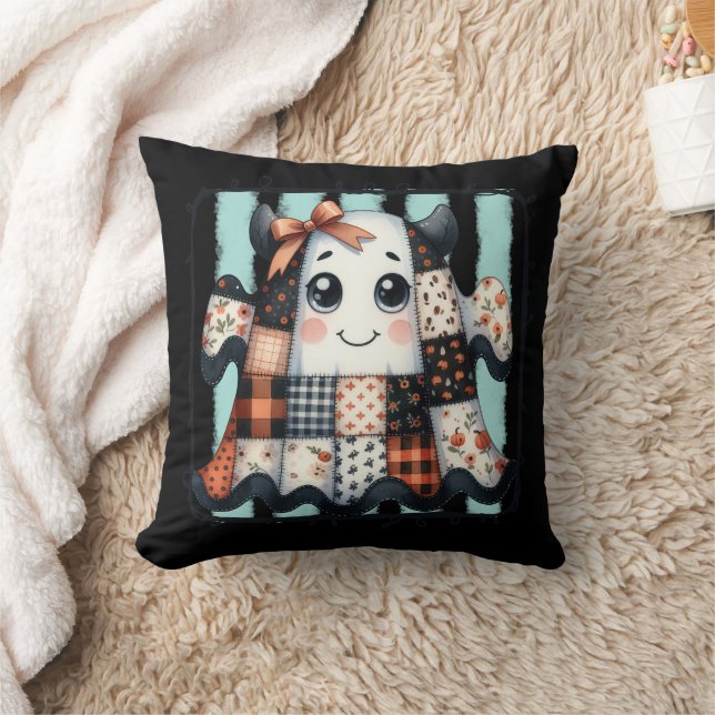 Happy Cow Ghost Halloween Patchwork Quilt Throw Pillow (Blanket)