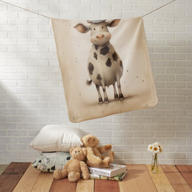 Happy Cow Illustration Baby Blanket (In Situ)