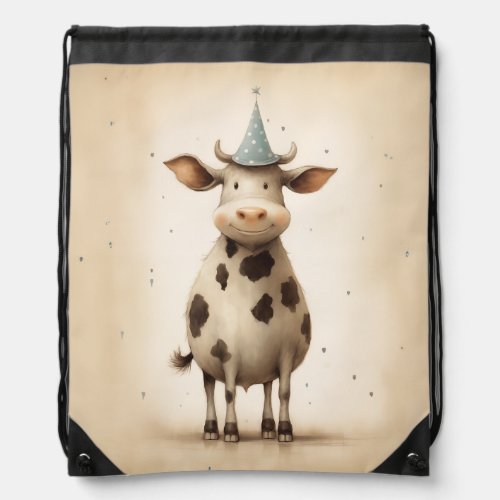 Happy Cow Illustration Drawstring Bag