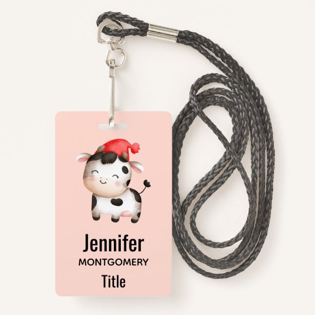 Happy Cow in a Cute Red Hat Badge (Front with Lanyard)