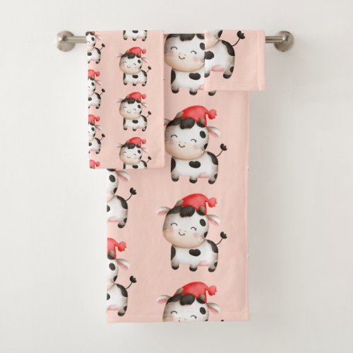 Happy Cow in a Cute Red Hat Bath Towel Set