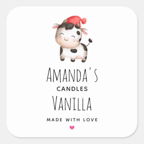 Happy Cow in a Cute Red Hat Candle Square Sticker