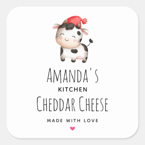 Happy Cow in a Cute Red Hat Cheese Square Sticker