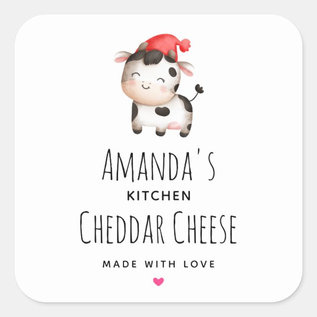 Happy Cow in a Cute Red Hat Cheese Square Sticker (Front)