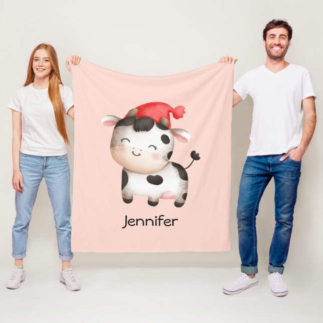 Happy Cow in a Cute Red Hat Fleece Blanket (In Situ)