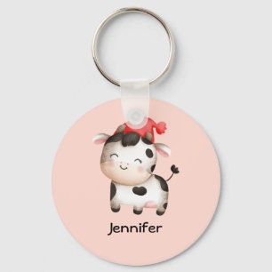 Happy Cow in a Cute Red Hat Keychain