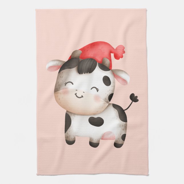 Happy Cow in a Cute Red Hat Kitchen Towel (Vertical)