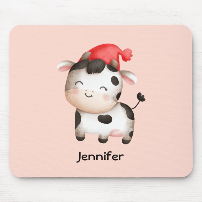 Happy Cow in a Cute Red Hat Mouse Pad (Front)
