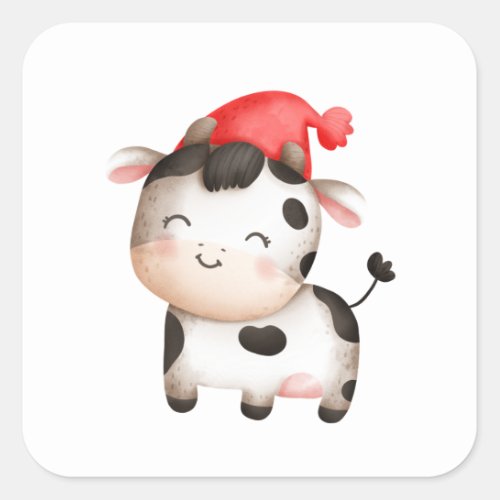 Happy Cow in a Cute Red Hat Square Sticker