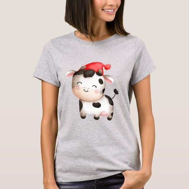 Happy Cow in a Cute Red Hat T-Shirt (Front)