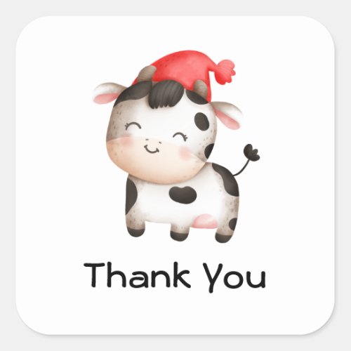 Happy Cow in a Cute Red Hat Thank You Square Sticker