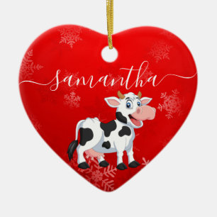 Happy Cow Red Heart Christmas Ceramic Ornament