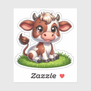 Happy cow sitting in pasture sticker