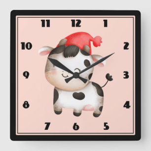 Happy Cow with a Cute Red Hat Square Wall Clock