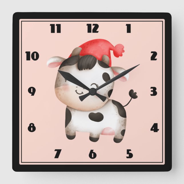 Happy Cow with a Cute Red Hat  Square Wall Clock (Front)