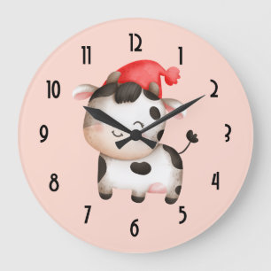 Happy Cow with a Red Hat Cute Large Clock
