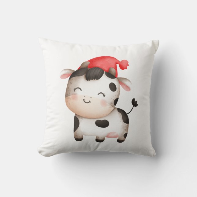 Happy Cow with a Red Hat Cute Throw Pillow (Front)