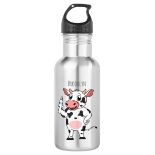 Happy cow with baby bottle cartoon