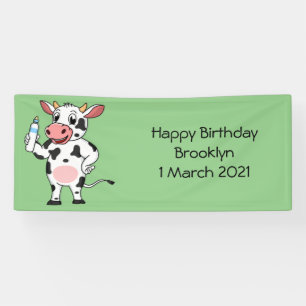 Happy cow with baby bottle cartoon banner
