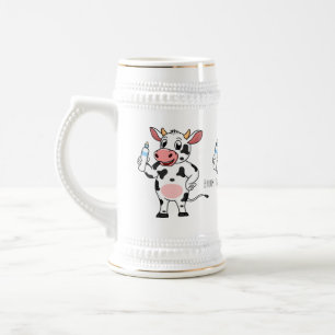 Happy cow with baby bottle cartoon beer stein