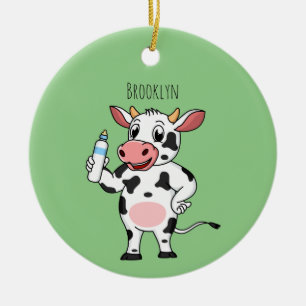 Happy cow with baby bottle cartoon ceramic ornament