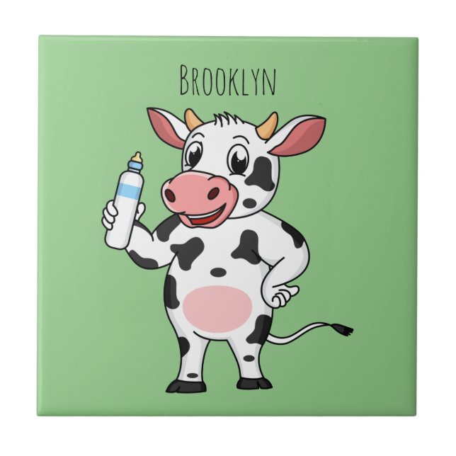 Happy cow with baby bottle cartoon ceramic tile (Front)