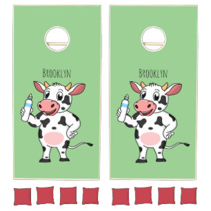 Happy cow with baby bottle cartoon cornhole set