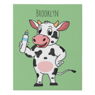 Happy cow with baby bottle cartoon  faux canvas print