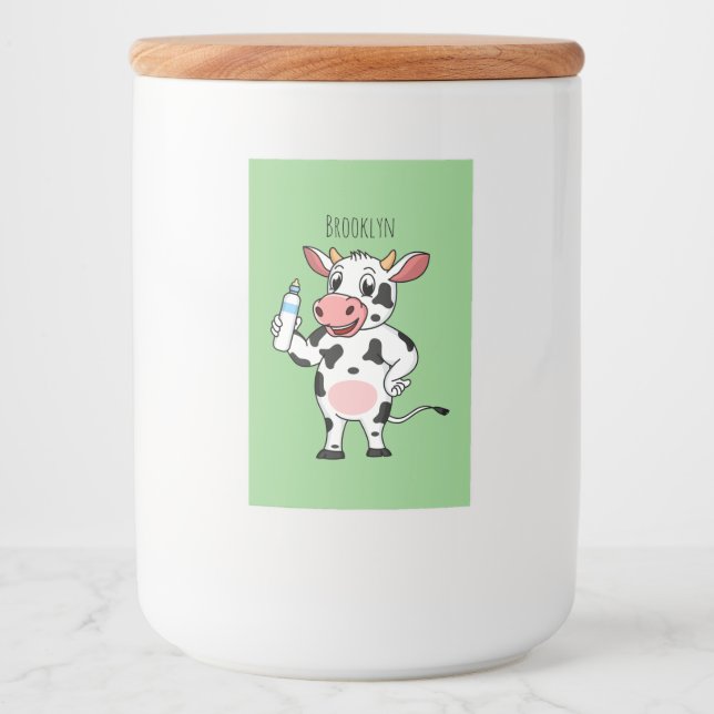 Happy cow with baby bottle cartoon food label (Front)