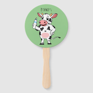 Happy cow with baby bottle cartoon hand fan