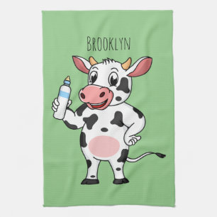 Happy cow with baby bottle cartoon kitchen towel