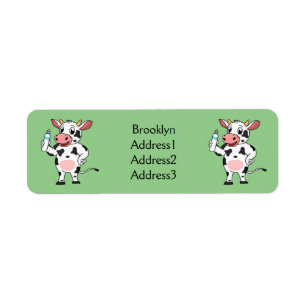 Happy cow with baby bottle cartoon label