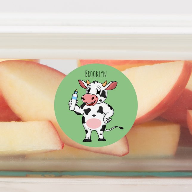 Happy cow with baby bottle cartoon  labels (Affixed)
