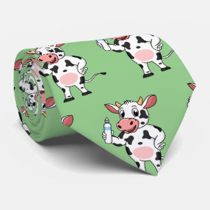 Happy cow with baby bottle cartoon neck tie