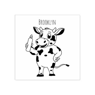 Happy cow with baby bottle cartoon rubber stamp