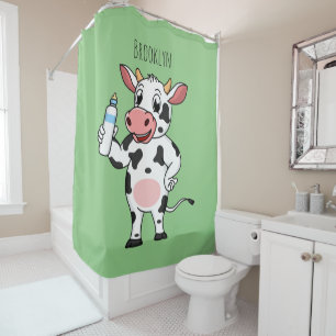 Happy cow with baby bottle cartoon shower curtain