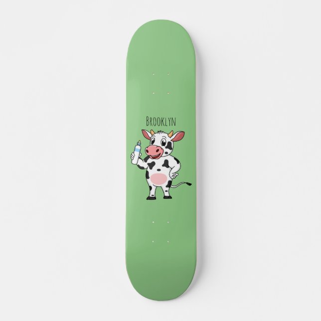 Happy cow with baby bottle cartoon skateboard (Front)