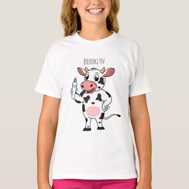 Happy cow with baby bottle cartoon T-Shirt (Front)