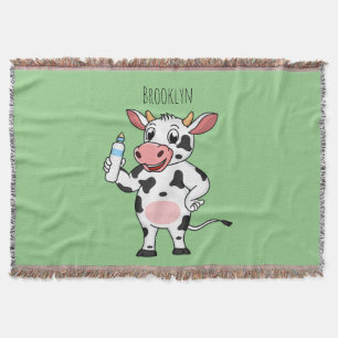 Happy cow with baby bottle cartoon  throw blanket
